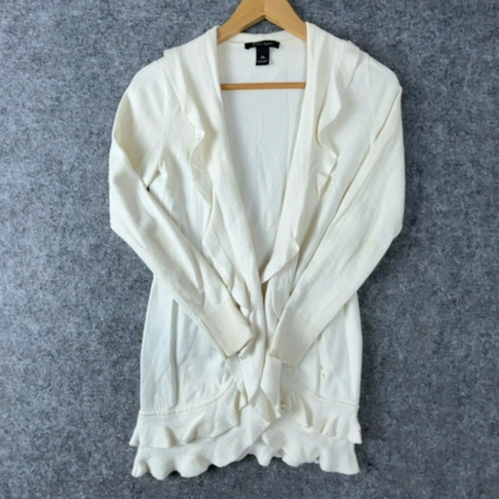White House Black Market Cardigan Womens XS Ivory Ruffle Open Front Long Ruffle